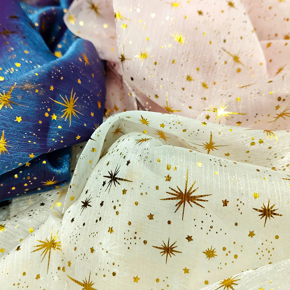 150x50cm Glitter Golden Gilded Star Moon Organza Fabric Wrinkle Sheer Crepe Tulle DIY For Sewing Women Dresses Garment Materials