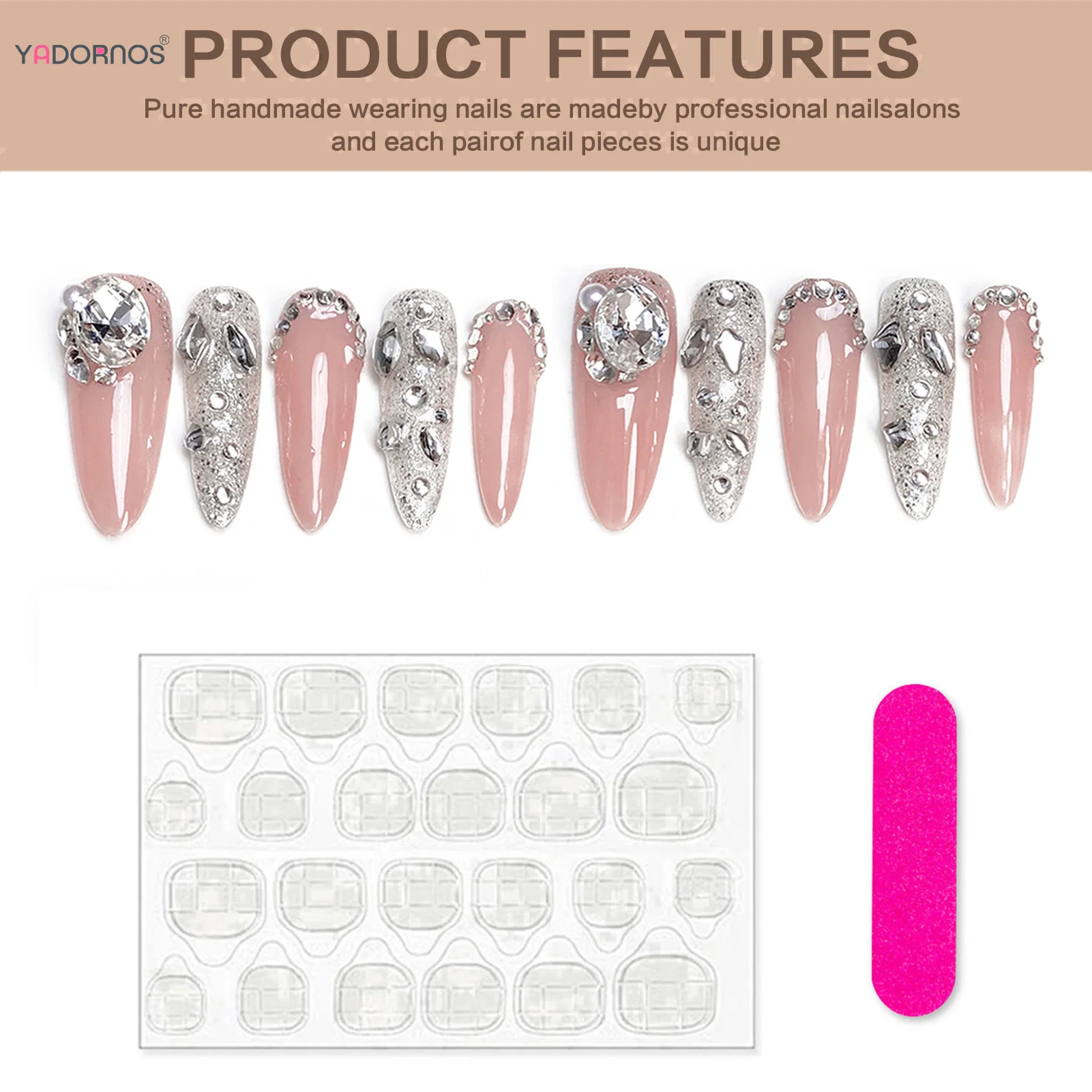 ロングアーモンド手作り偽爪甘いピンクプレス爪グリッターダイヤモンド装飾完成偽爪パッチウェアラブルマニキュア