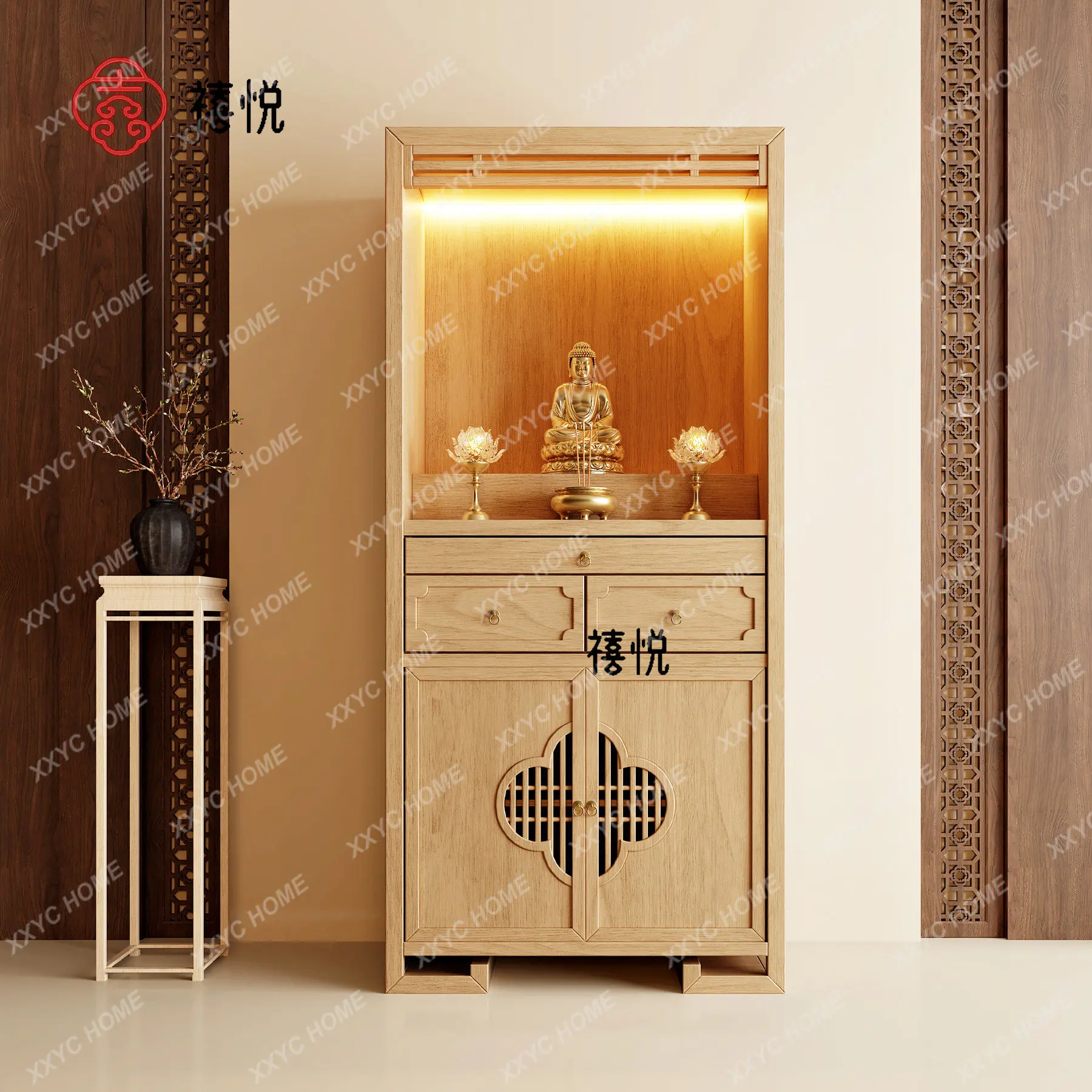 Household Offering Table with Door Against the Wall Main Room Guanyin Buddha Statue