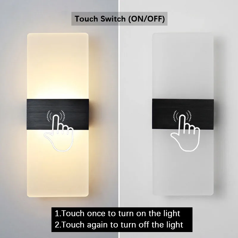 LED Touch Sensor Switch Acrylic Wall Lamp Black Indoor Bedroom Living Room Bedside Lamp Sconce Modern Nordic Aisle Hallway Light