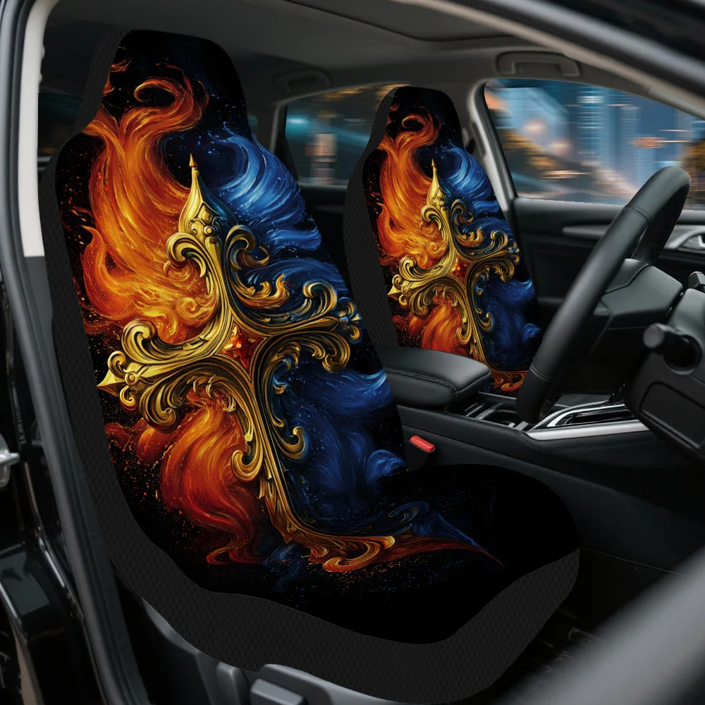 2pcs Easter Fiery Cross Design Print Car Seat Covers – Front Seat Protectors For Cars, SUVs & Sedans, Easy To Install, Durable