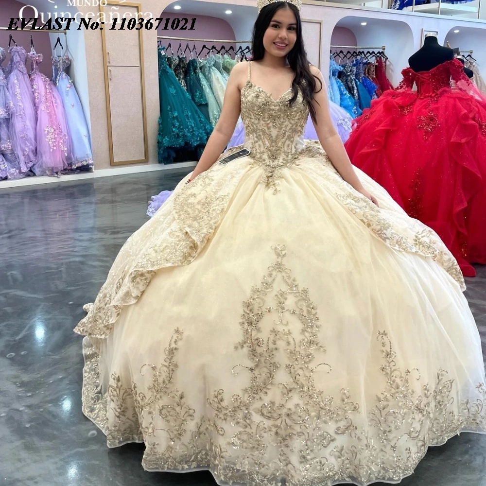 

EVLAST Customized Champagne Quinceanera Dress Ball Gown Shiny Lace Applique Beading Tiered Sweet 16 Vestidos De 15 Anos SQ656