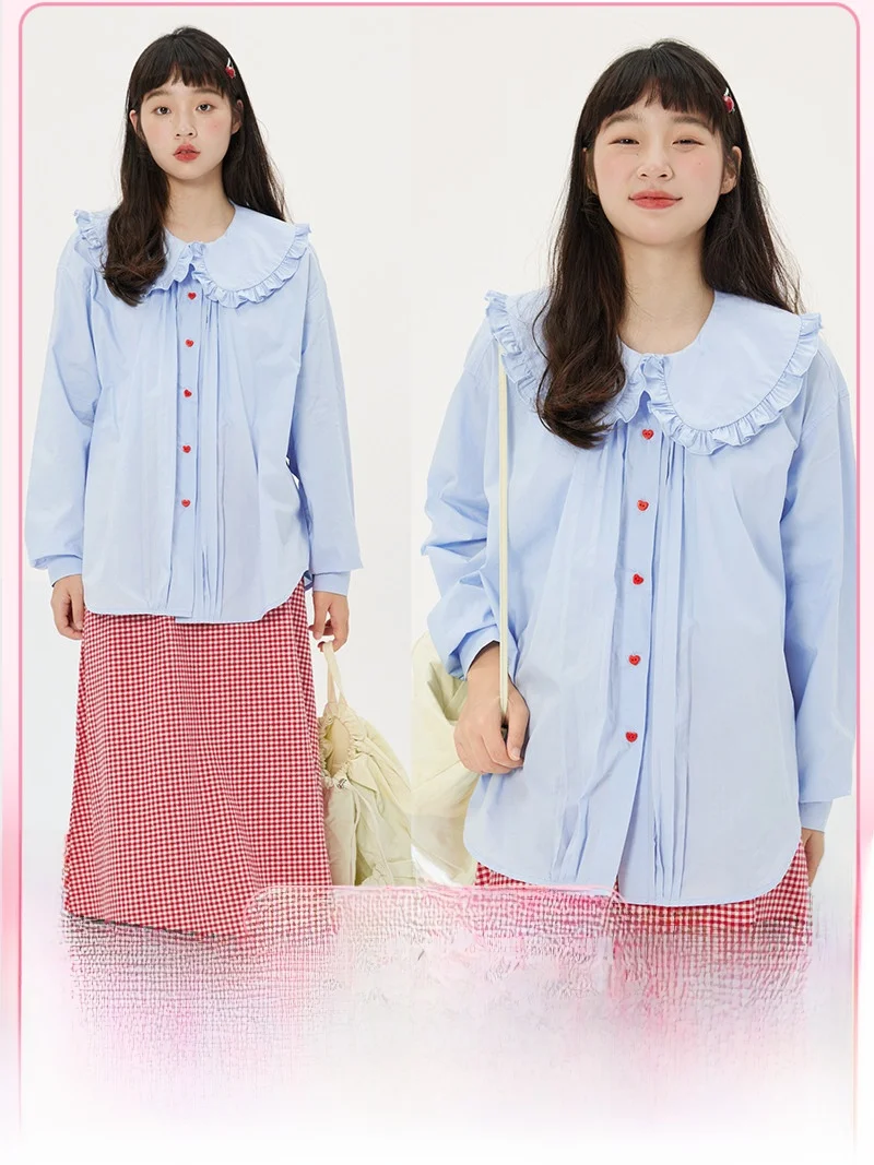 

VOUSALME Оригинальная женская рубашка в стиле ретро с рюшами на воротнике, свободного кроя, универсальная, из хлопка, с длинными рукавами, для уличного стиля, лето-осень