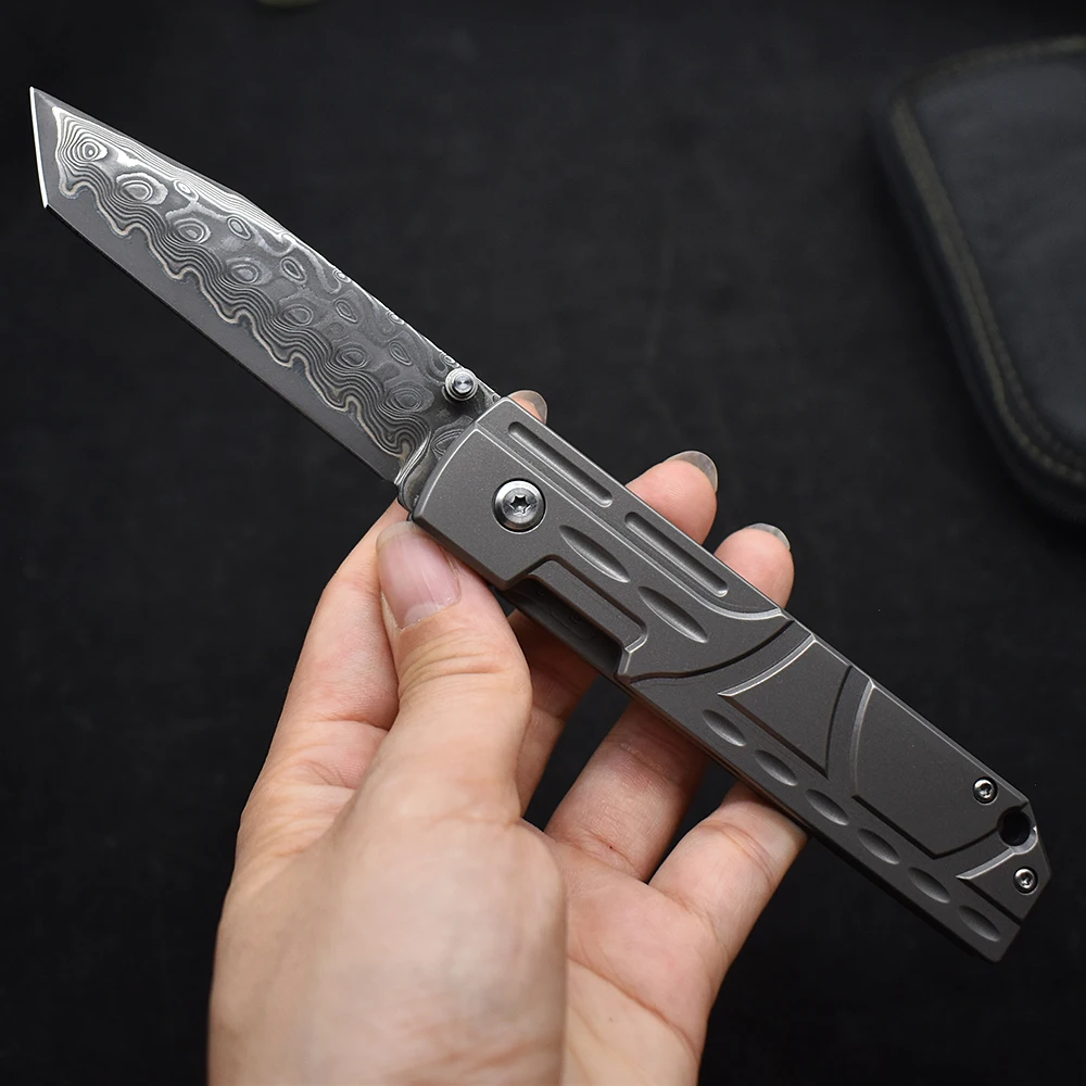 Damascus Steel Titanium Alloy Handle Folding Knives Outdoor Hunting Durable Hunting Knife Self Defense Top Quality Sharp EDC