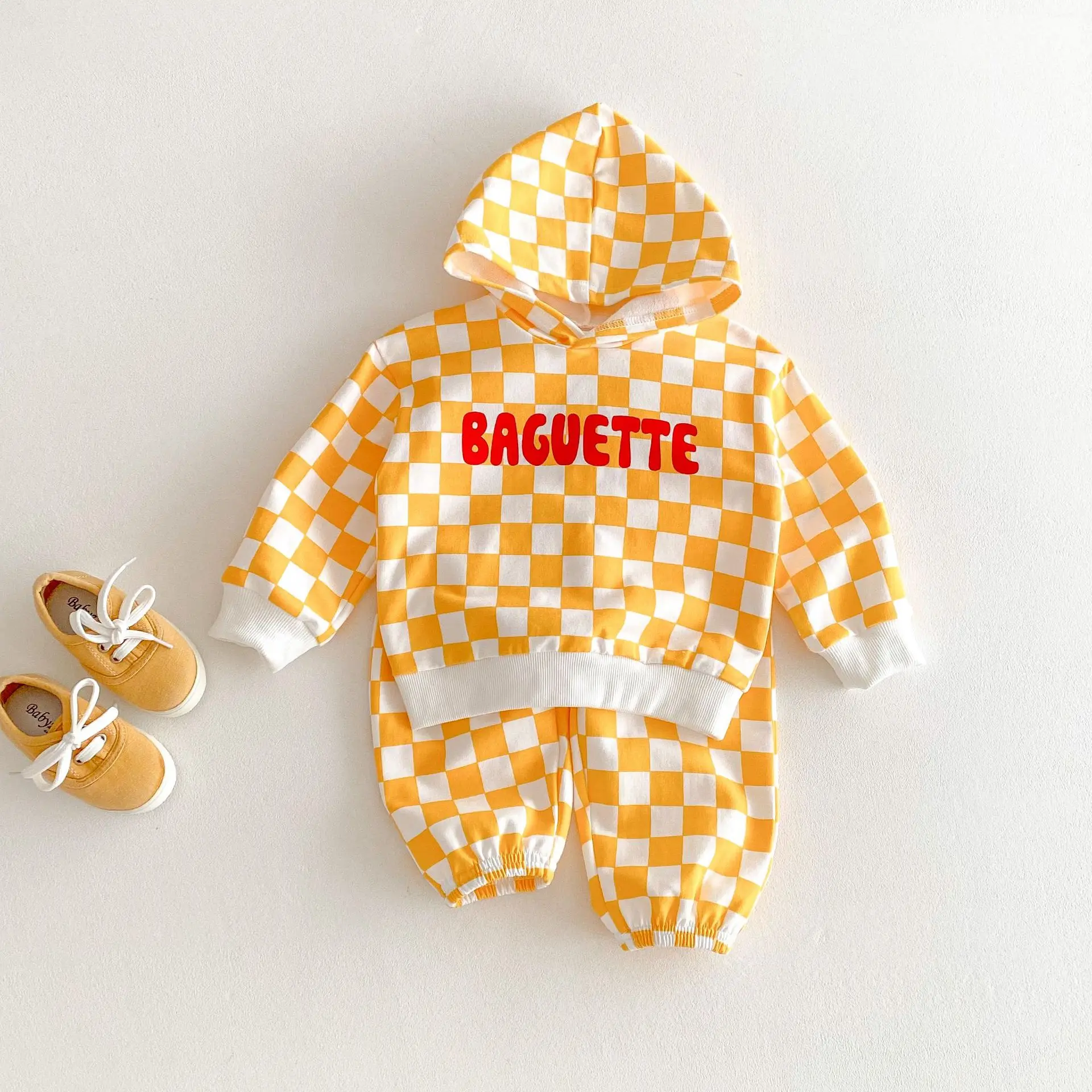 

2025 Spring New Children Long Sleeve Letter Print Hooded Sweatshirt Set Boys Girls Casual Pants Plaid 2pcs Suit Kids Outfits