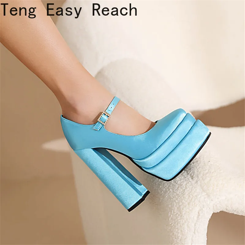 Fashion Waterproof Platform Square Toe Heel Satin Rhinestone Candy Color Sandals Big Size Party Wedding Sexy Thick High Heels