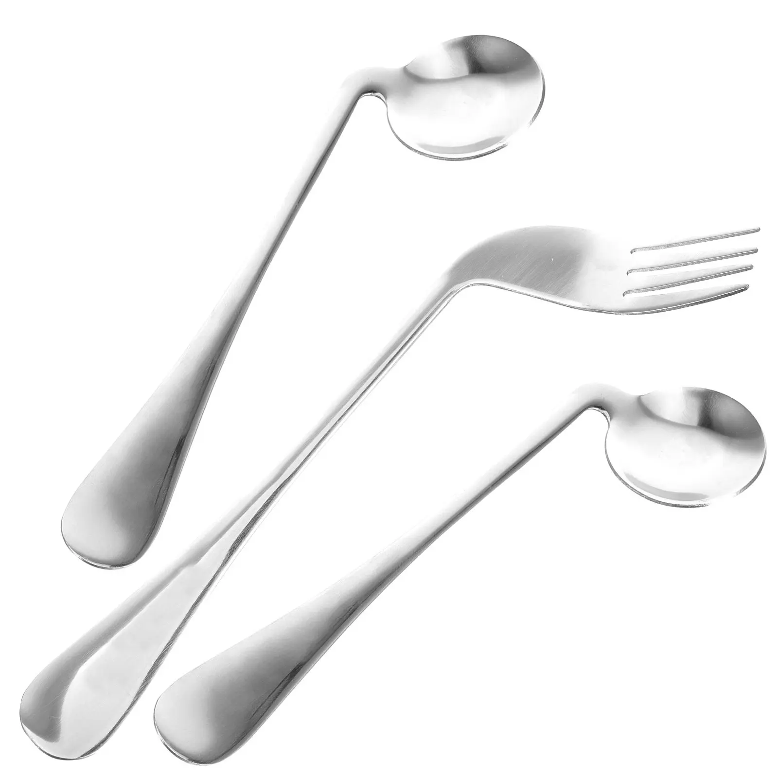 Curved Spoon Fork 1Set Stainless Steel Auxiliary Eating Tool for Patients Bedridden Seniors Left Handed Angled Feeding Utensil