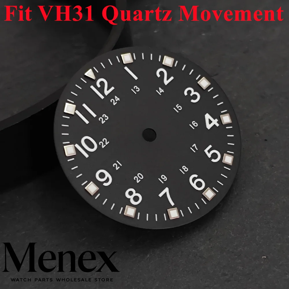 Menex 28.5mm VH31 Green Black Beige White Luminous Square Index Quartz Watch Dial 24H Arabic Numerals DIY Parts
