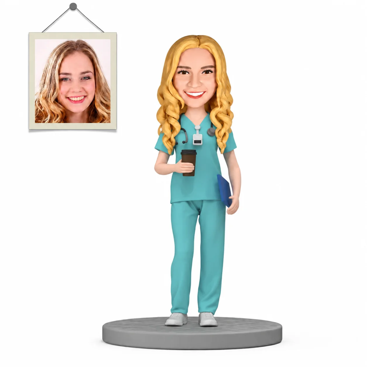 Custom Nurse Bobblehead in Teal Scrubs Personalized Female Medical Figurine from Photo Graduation Gift