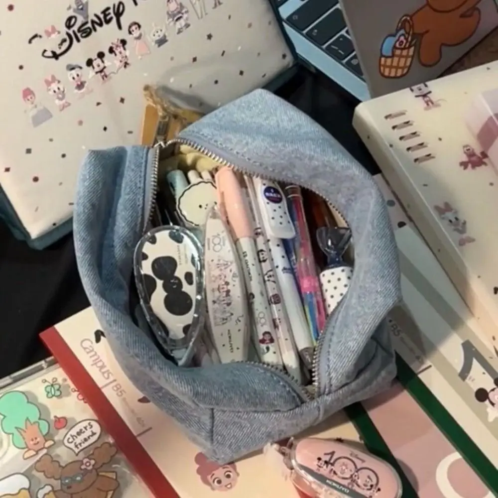 الصلبة اللون الأزرق الدنيم حقيبة مستحضرات تجميل الكورية نمط السفر المنظم جان حقائب مستحضرات التجميل مستطيل خمر القرطاسية حقيبة التخزين #3