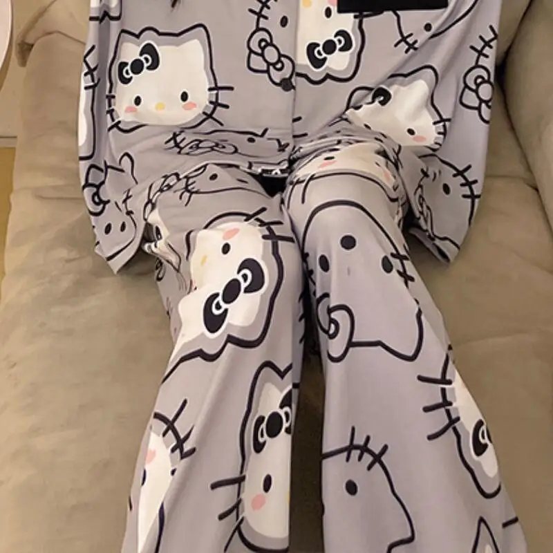 Kawaii pijamas terno olá kitty usagi algodão primavera anime hachiware mangas compridas calças pijamas casuais meninas estudante homewear