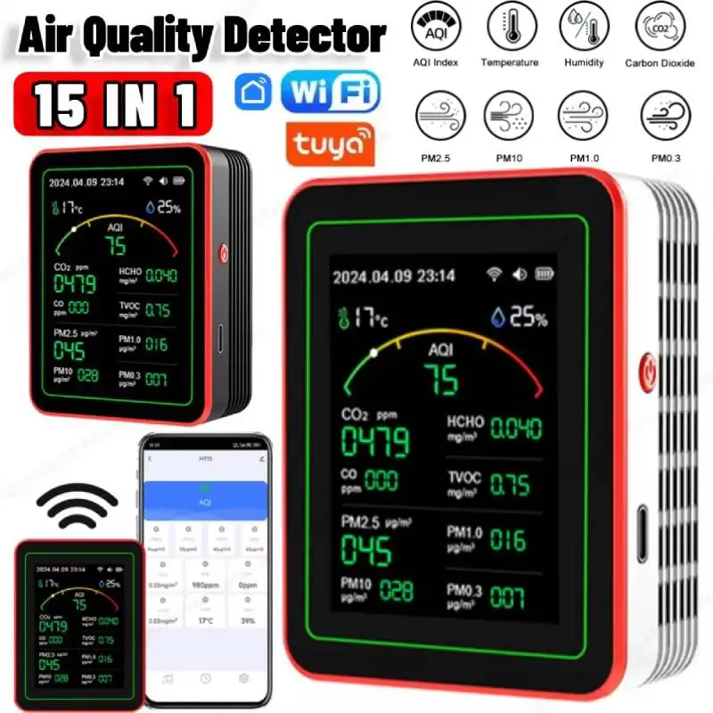 

Air Quality Monitor WiFi 15 in 1TFT Display Portable AQI PM0.3 PM1.0 PM2.5 PM10 CO CO2 TVOC HCHC Temperature & Humidity Tester