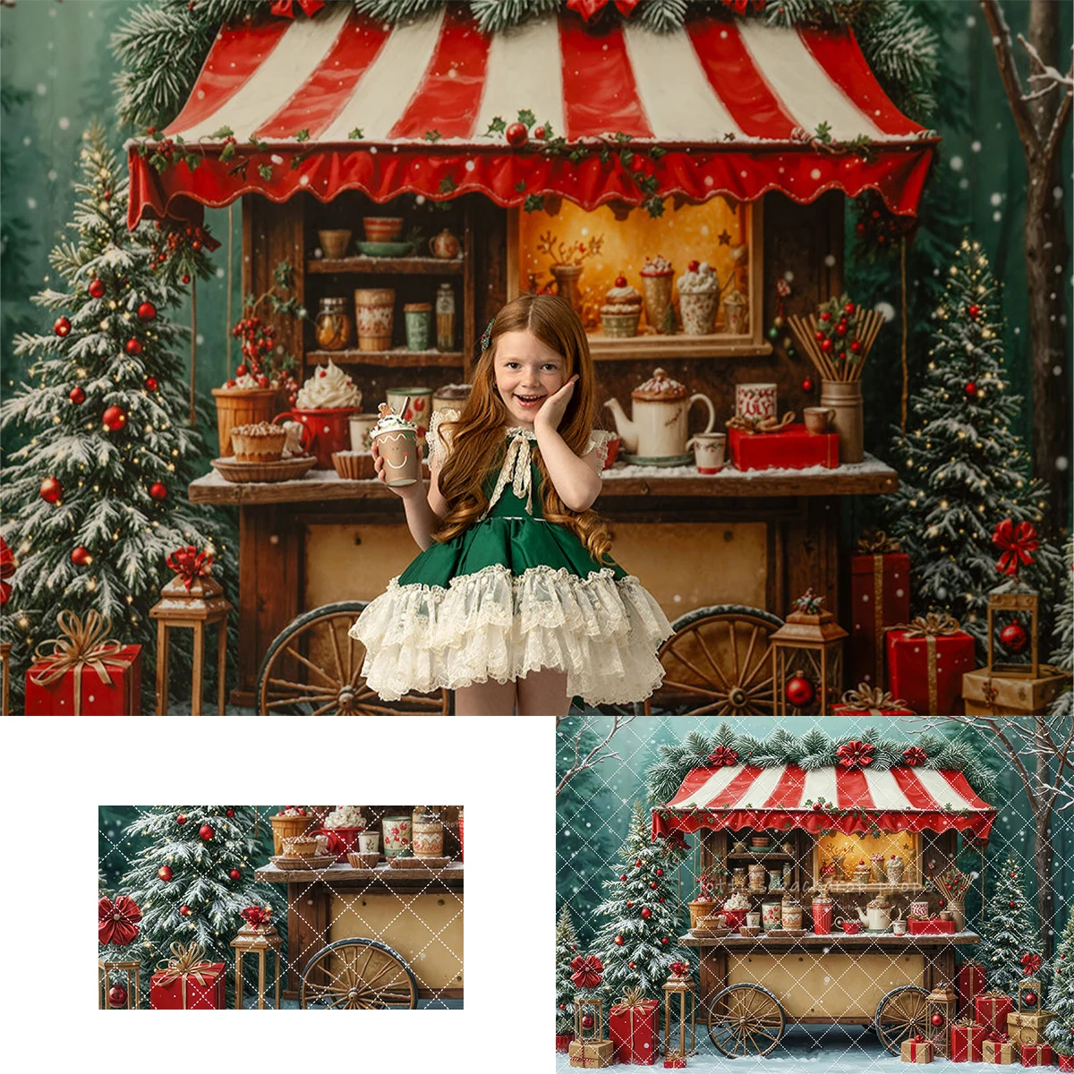 

Snowy Cozy Hot Cocoa Cart Backdrops Kids Adult Photography Snowflake Forest Santa Goods Stall Truck Backgrounds