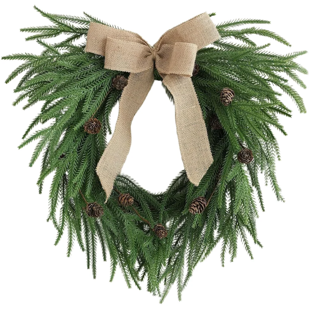 50cm Heart Wreath Made of Plastic with Real Touch Norfolk Pine Foliage and Rustic Burlap Bow for Holiday Season Decor