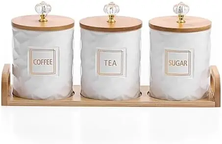 

Набор керамических банок JUXYES из 3 предметов с крышками – белые контейнеры для кофе, сахара, чая с ручками и подносом