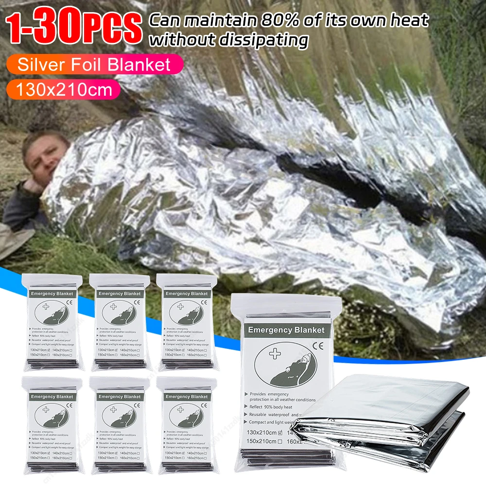 Couverture Poncho thermique d'urgence, légère, pliante, résistante à l'eau, pare-soleil coupe-vent, réutilisable, tapis de Camping de premiers secours, 1 à 30 pièces