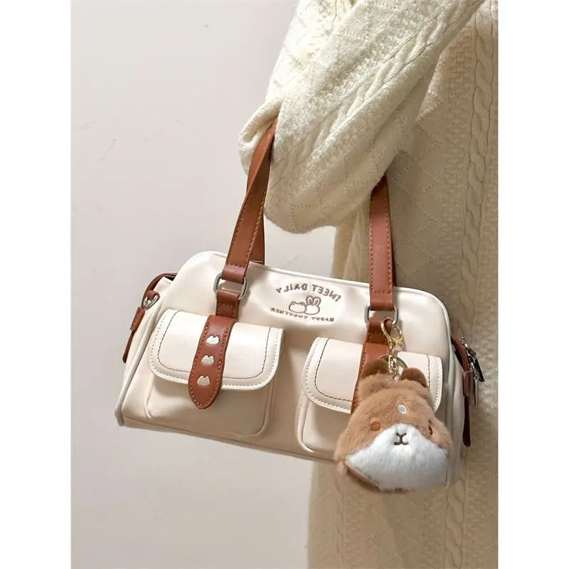 JIAERDI Vintage Casual Handbag Women Harajuku Aesthetic Contrast PU Leather Crossbody Bags Ladies Retro Cute Bowling Bag Y2k