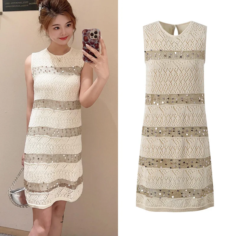 

Summer 2025 Ele Knitted Svel Hollow out Stripe Dr Faionable Slimming High Waist A-Line Dr Gentle Sle