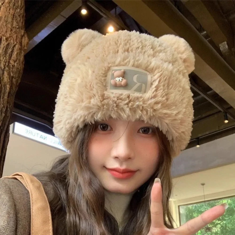 

Cute Bear Winter Beanies Hat for Women Solid Color Thicken Soft Plush Ears Warm Skullies Bonnet Outdoor Windproof Ski Skate Hats