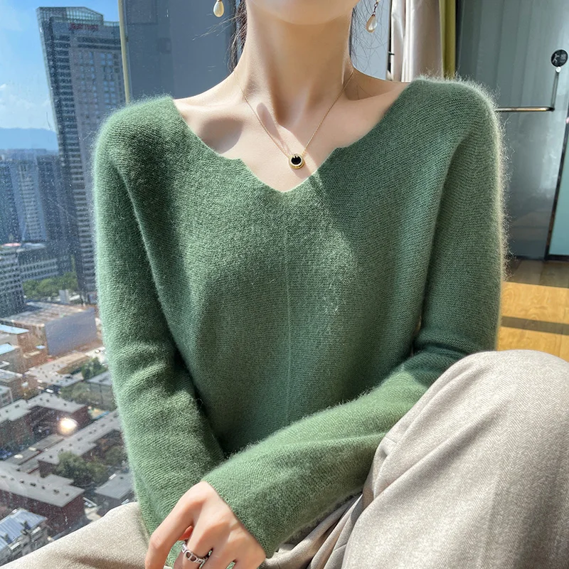 

Autumn and winter new style solid color v-neck cashmere sweater jacquard sweater 100 wool knitted age-reducing base sweater