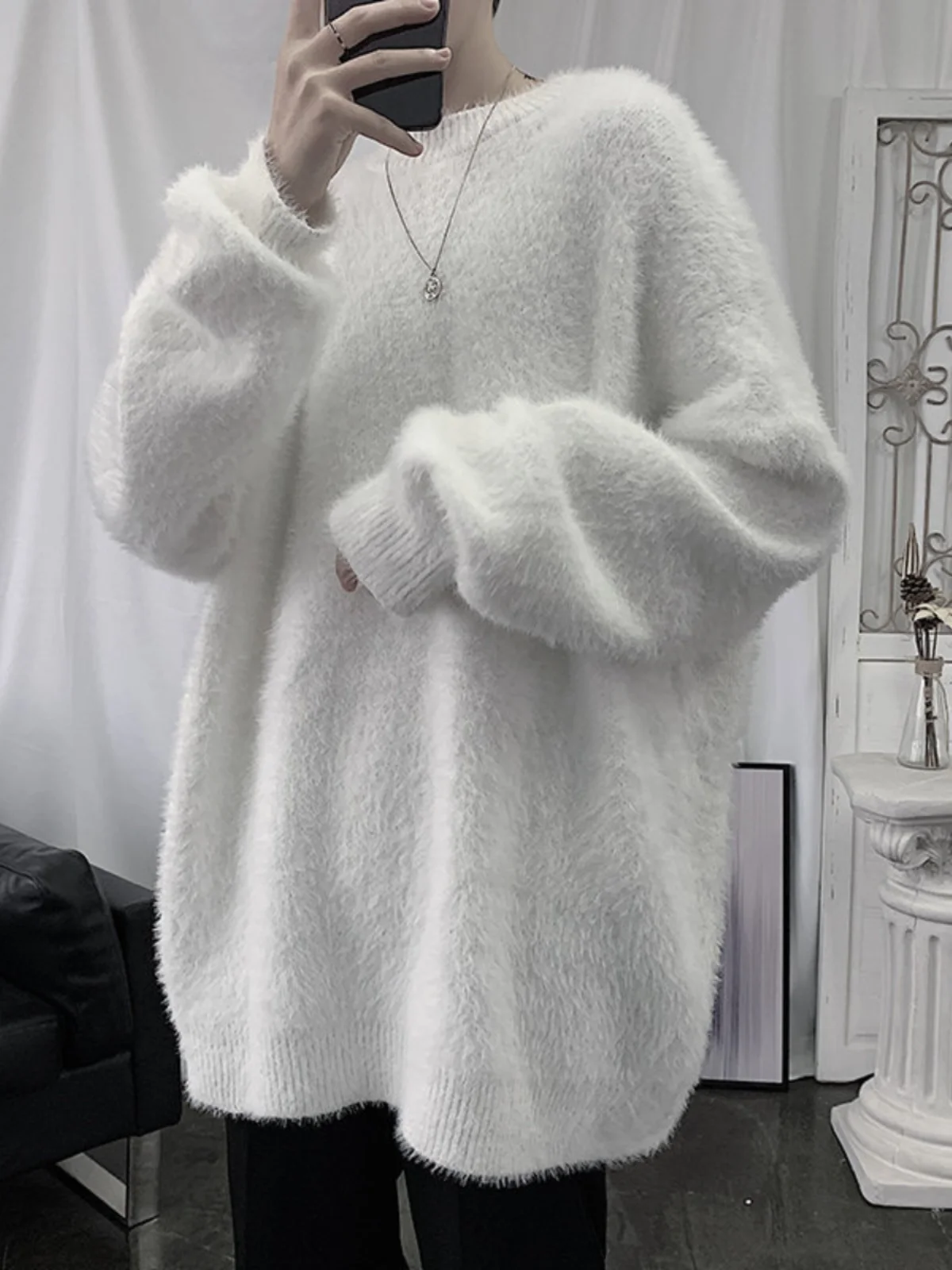 

Laid-ba White Knitted Sweater Men's Autumn Winter Korean Sle Loose Fluffy Soft Couple's Faionable Knitwear Casual