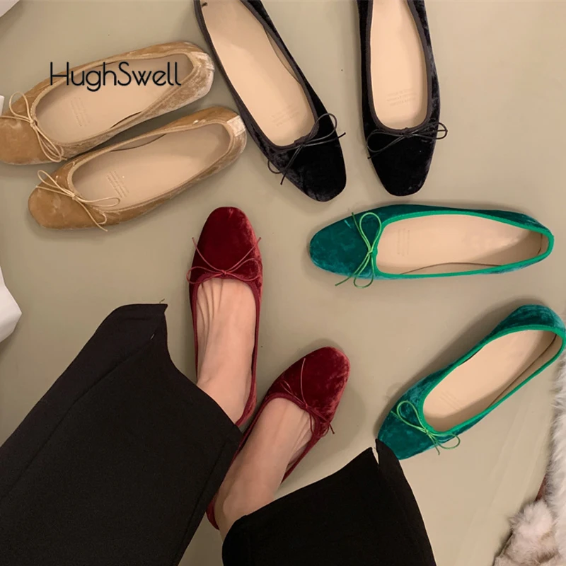 Elegant Velvet Ballerina Shoes Woman  Luxury Velour Ballet Flats Ladies Retro Round Toe Bowknot Shallow Loafers  In Red Green