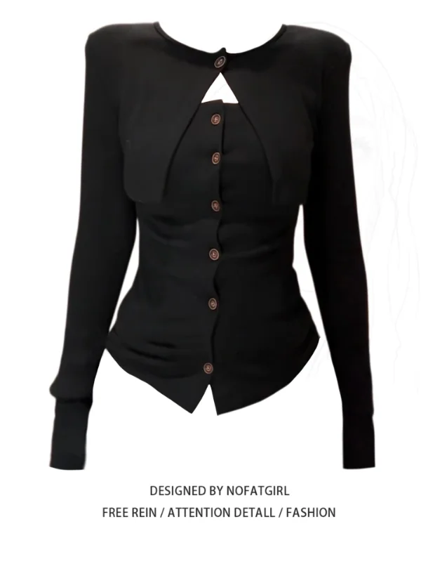 Slimming Effectiveness plus Size Knitted Top Single Button Design Korean Style Long Sleeve Casual Wear for Women