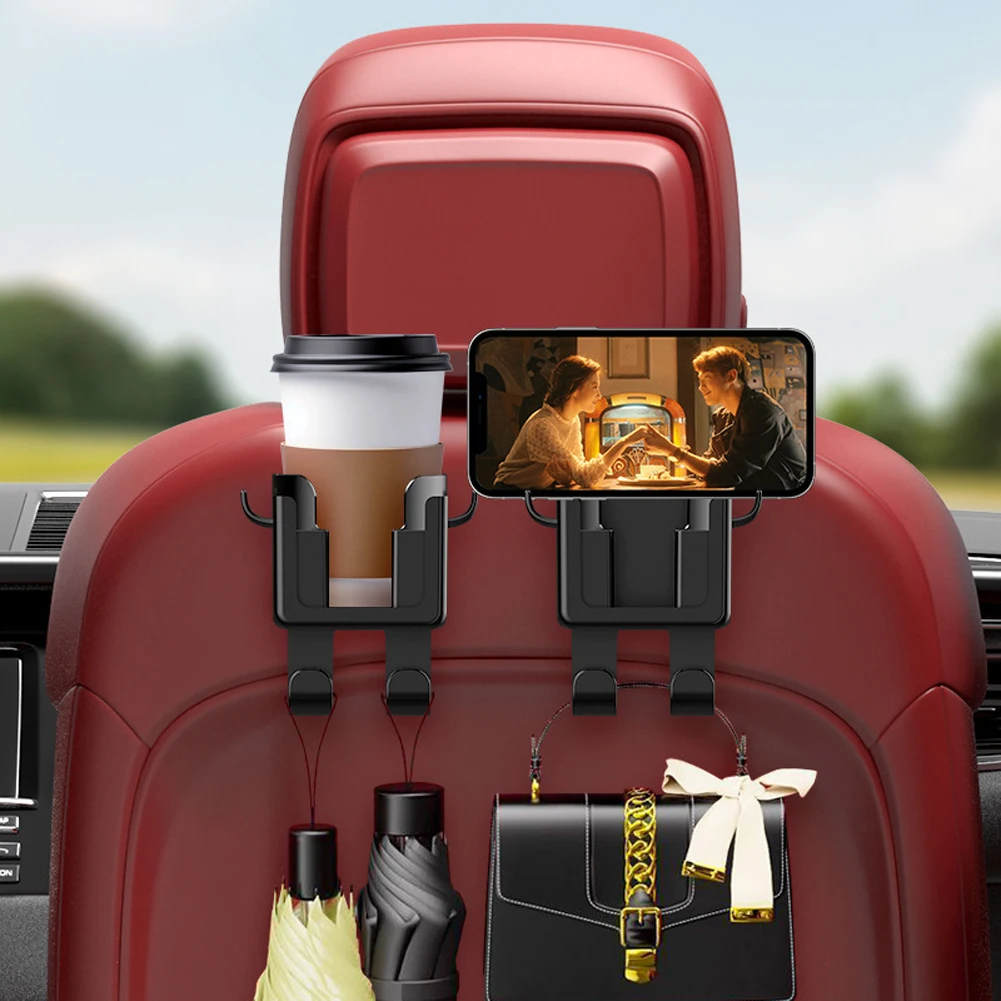 3 in 1 Drink Bottle Hanging Mount Organizer Phone Mount Auto Back Seat Hook Car Seat Headrest Hook Hanger for Handbag Purse Coat