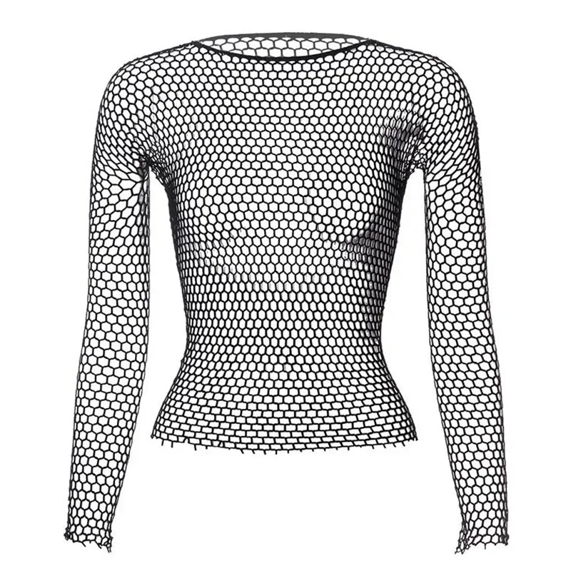 Women Fishnet Mesh Tops Black Sexy See Through T-Shirt Skinny Goth Hollow Out Long Sleeve Shirts Crop Top Shirt Streetwear