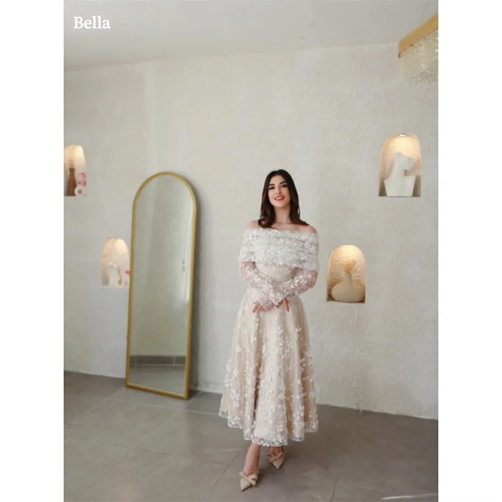 Bella Champagn Tulle Evening dresses Off the Shoulder A-line Vestidos De Fiesta Elegant Long Sleeves Ankle-length  فساتين سهرة