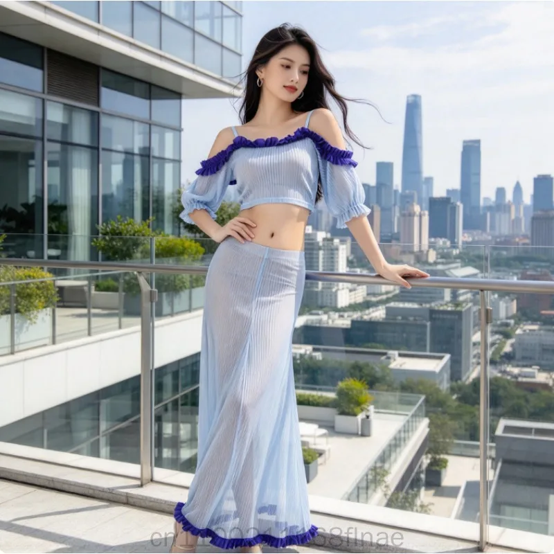 New Belly Dance Practice Dress for Beginners, Long Skirt, Flower Fairy Set, Autumn/Winter Edition for Stage Group Performance