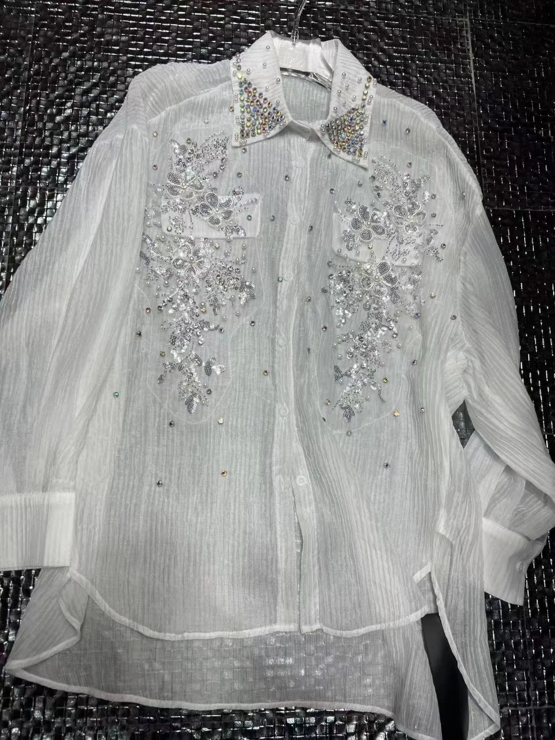 Oversized Mid-length Shirts Blouses Exquisite Sparking Sequined Beaded Diamonds Women 2024 Spring Summer Long Sleeve Tops Blusas