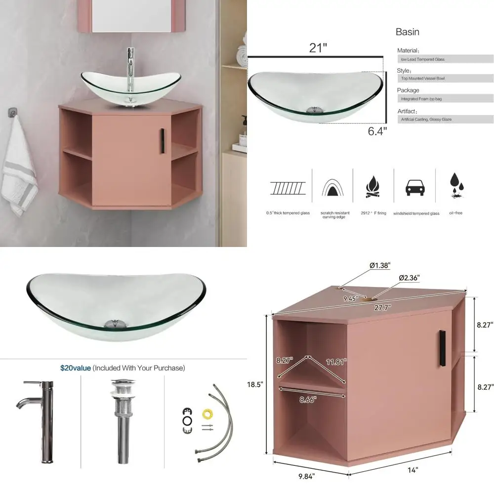 زاوية عائمة مقاس 28 بوصة لمساحات الحمام الصغيرة، تصميم مثبت على الحائط وردي مع رف مفتوح، حوض زجاجي شفاف