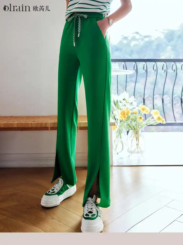 OLrain Fashion Pants for Women 2025 Drawstring Waist Slit Straight-leg Knitted Pant Solid Pockets Fashion Trousers O22XK01621