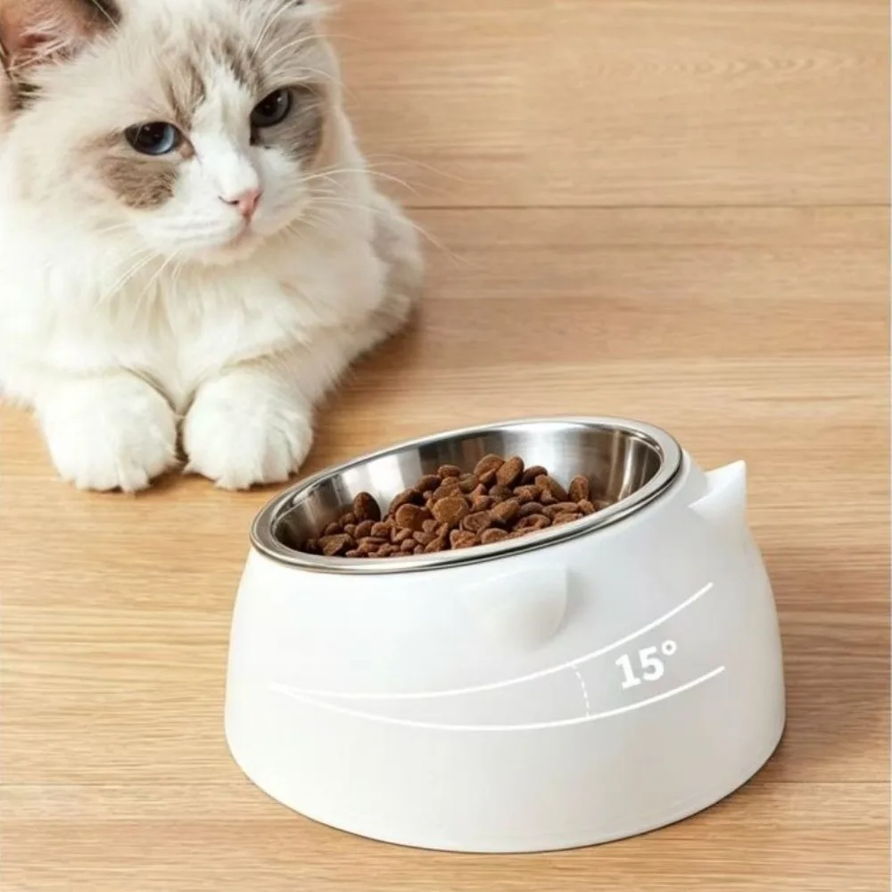 1PC Stainless steel cat bowl, dog bowl, Protect the cervical oblique opening pet food basin, cat supplies