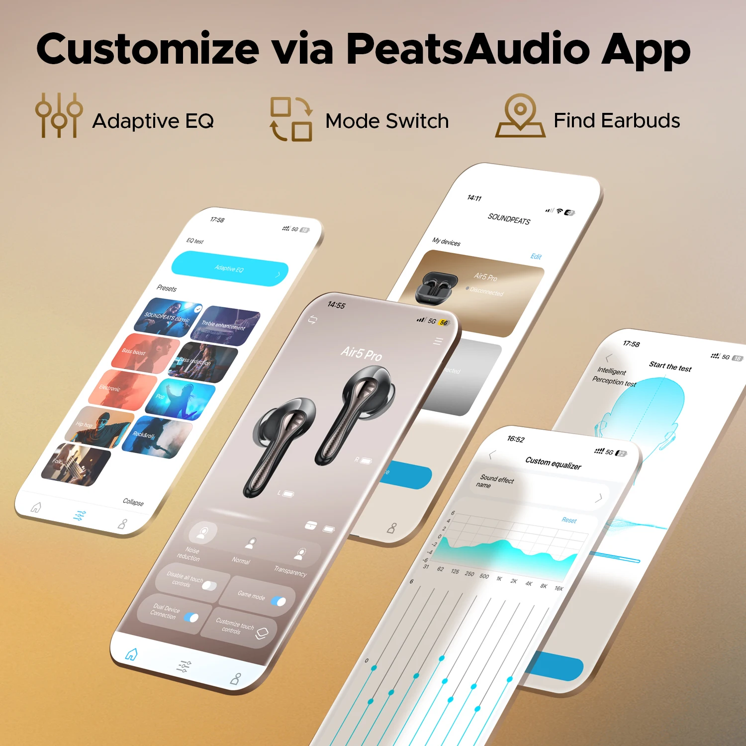 سماعات أذن لاسلكية SoundPEATS Air5 Pro، سماعات أذن هجينة ANC بلوتوث 5.4 aptX ™   ضياع، LDAC LE Hi-Res Audio 6 ميكروفونات