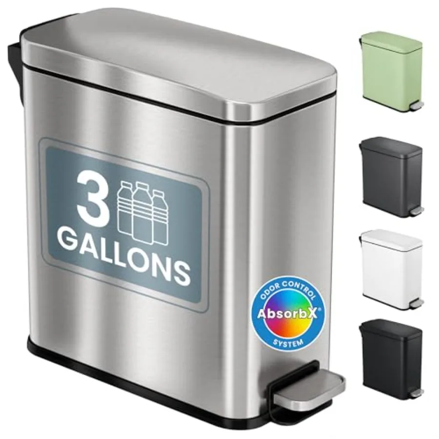 

3 Gallon Small Wastebasket for Bathroom with Lid Deodorizer Soft-Step Stainless Steel Slim Garbage Bin 11.5L Silver Small Trash
