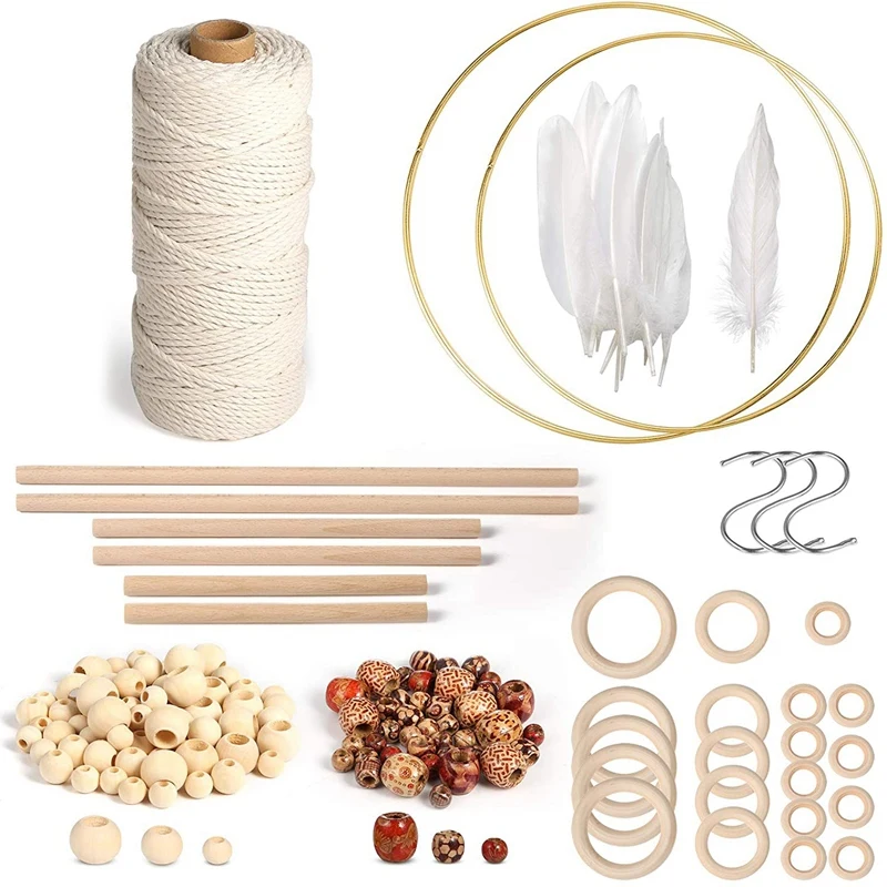 Macrame Rope Kit With Natural Cotton Macrame Cord,Metal Floral Hoops,Wooden Beads,Macrame Wall Hanging Kit For Beginners