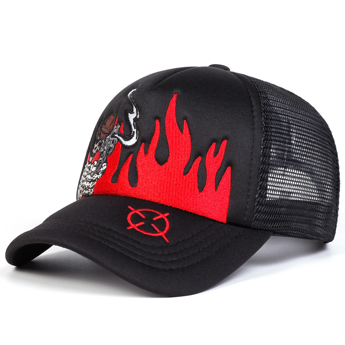 Unisex Skull Flame Embroidery Baseball Net Caps Spring and Summer Outdoor Adjustable Casual Hats Sunscreen Hat