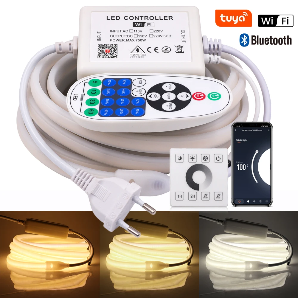 

220V COB LED Strip Neon Light WIFI Bluetooth Dimmable 288Leds/m RA90 Flexible COB Tape IP67 Waterproof LED Ribbon Remote Control