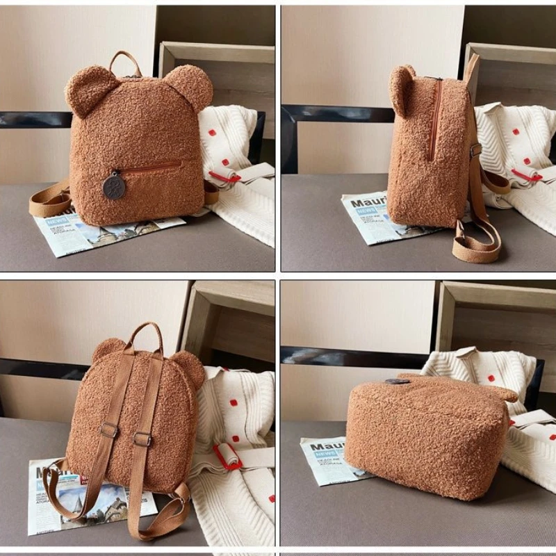 Cute Bear Ear Fleece Backpack for Girls, 1Pcs Warm Lambswool Small Daypack, Kids Casual School Bag Rucksack for Travel Shopping