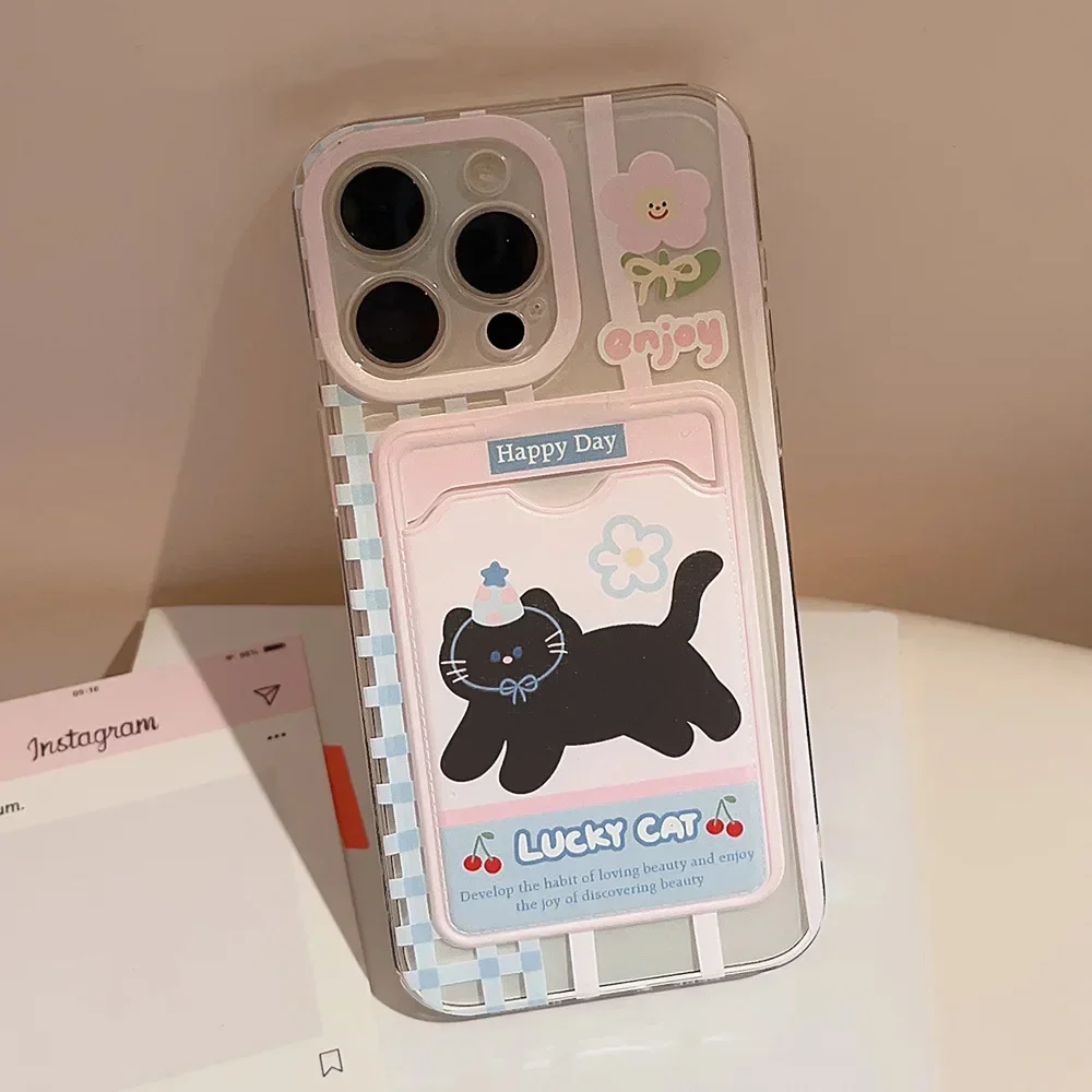 Cherry Party Black Cat Photo card holder Clear Phone Case For iPhone 16 15 14 13 12 11 Pro Max Xr 16Plus Case Cute Cartoon Cover image 4