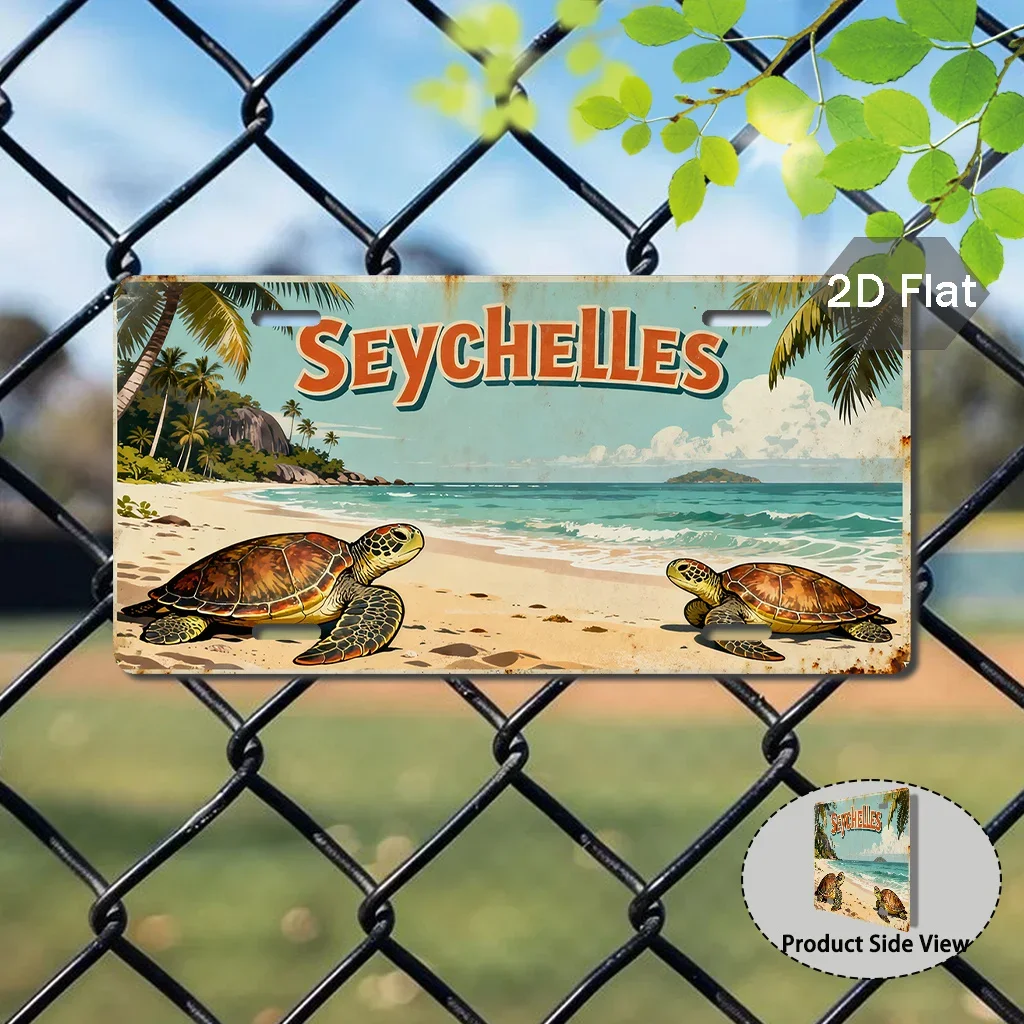 2D Flat, Retro Seychelles Island Wall Art Sign Aluminum Retro Beach Decor, Turtle and Palm Tree Design, Perfect for Rooms, Ba