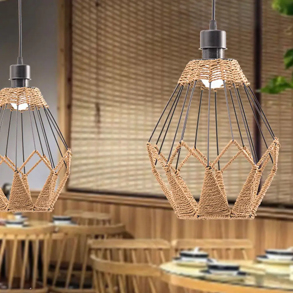 Woven Paper Rope Pendant Lamp Shade Iron Frame Retro Minimalist Hanging Light Shade for Living Room Bedroom Kitchen Modern