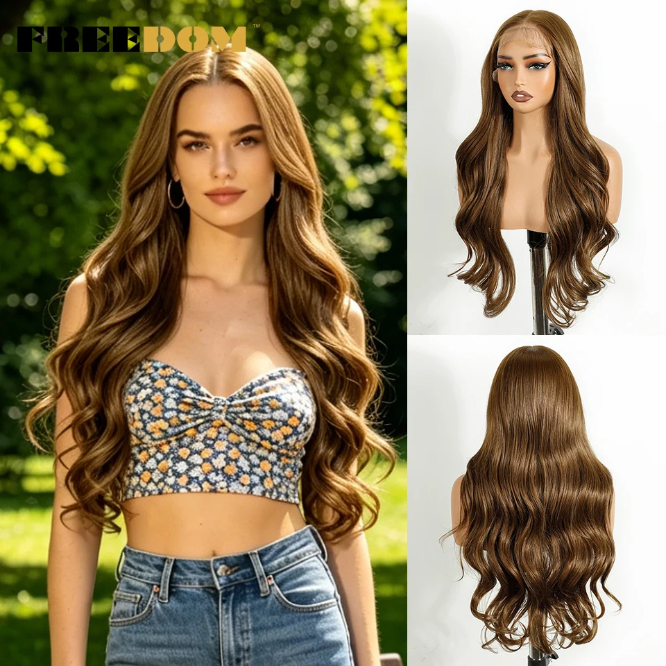 FREEDOM Synthetische Lace-Front-Perücken für Damen, 13x6, natürliche Wellenstruktur, 26 Zoll, Ombré-Braun-Blond mit Highlights, für den täglichen Gebrauch. – Detail 8