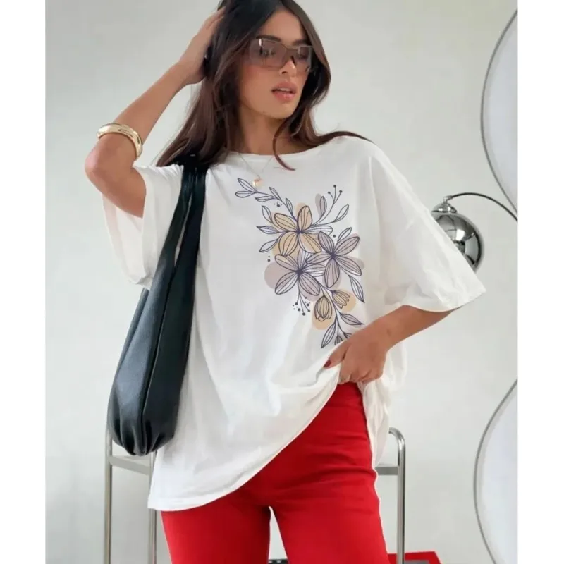  Women's T-shirts 2026 Cotton Summer Print Flower Fashion Tops For Women Study Home Office Short Sleeved 