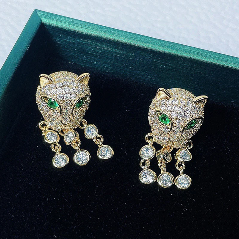 

Luxury Gold Plated Drop Earrings Fashion Zircon Leopard Head Design Women Party Earrings High Quality Accessories