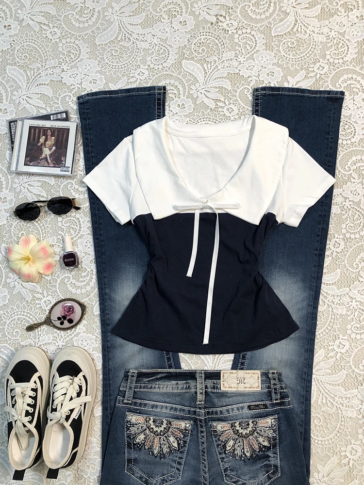 

Футболка Sweet Sle ort Sve V-Ne для девочек, цветной дизайн с узлом, топ для похудения, летняя одежда из смеси хлопка