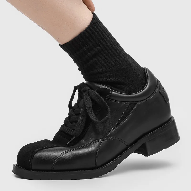 Retro Sportswear Derby Shoes Men's New Style Sewn Line Patchwork Derby Shoes Lace-Up Round Toe Casual Men's Leather Dress Shoes