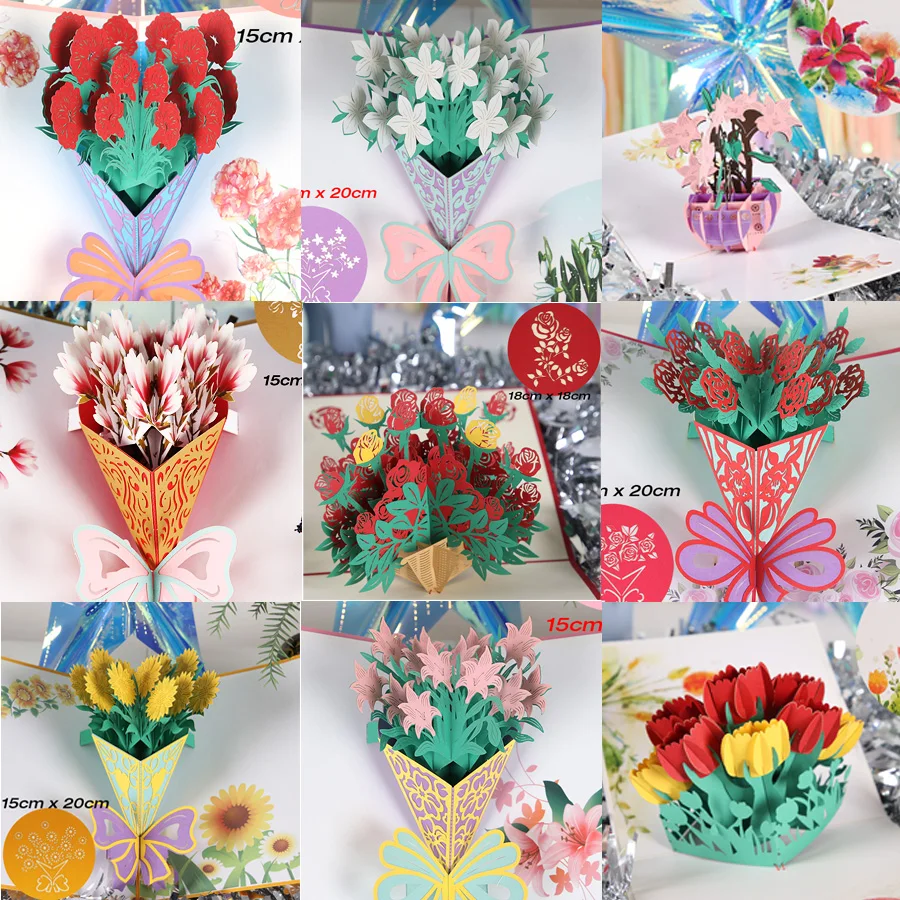 3D Pop UP Flower Bouquet Cards Birthday Greeting Card Handmade Butterfly Thank You Postcard for Wife Mom Girlfriend Teacher Gift